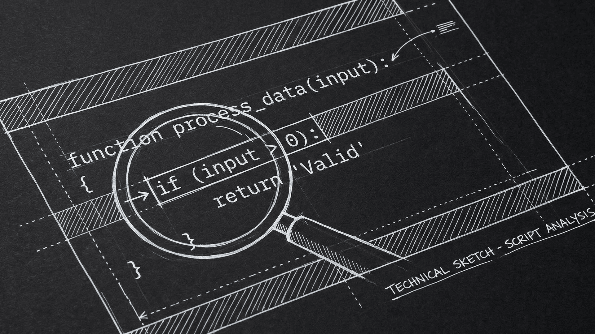 Dark mode technical sketch: script page with dialogue rhythm and margin notes for beats and tags