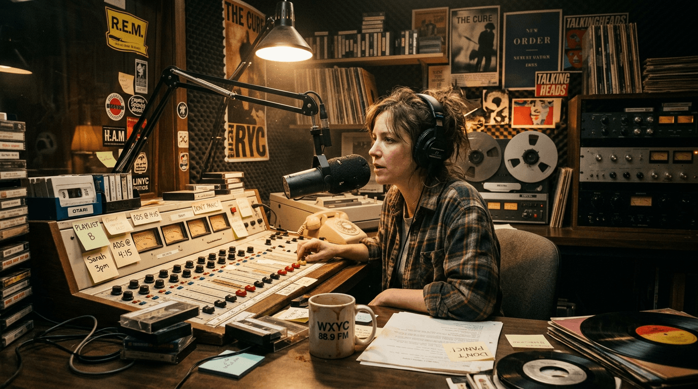 Cinematic 35mm film still: analog radio booth with mixer and mic