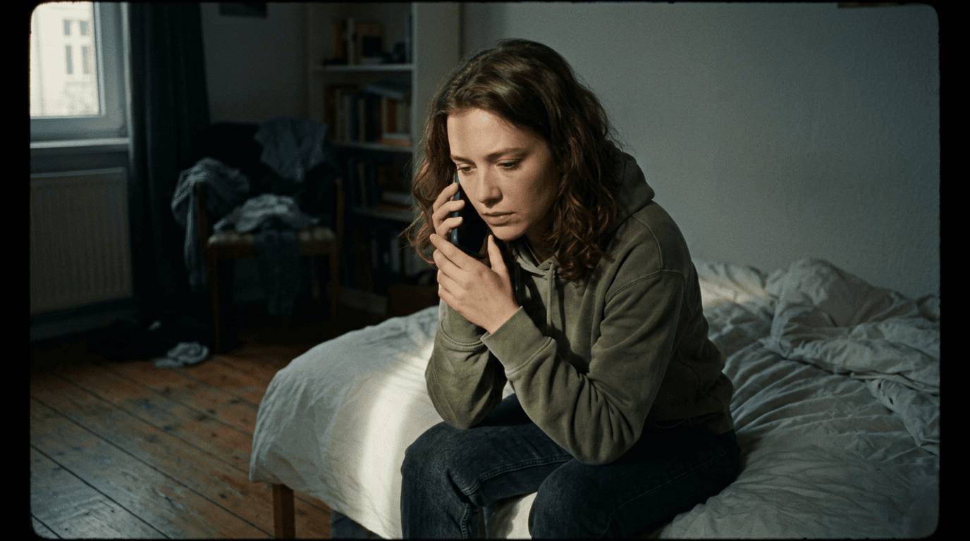 Listening on the edge of a bed; cinematic film still