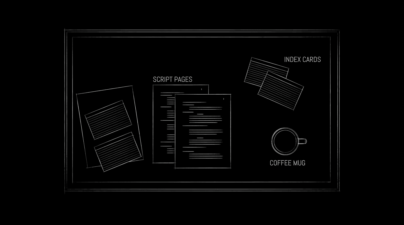 Writer's desk with script pages and manager's card; dark mode technical sketch
