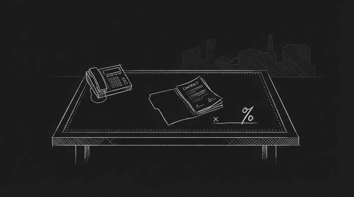 Phone and contract on table; dark mode technical sketch