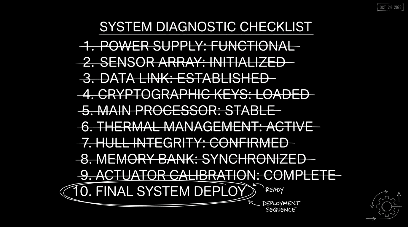 Dark mode technical sketch: list of 10 items, one highlighted; thin white lines on black
