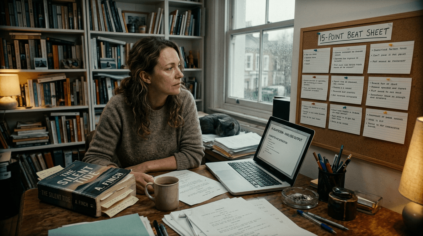 Cinematic workflow still, first angle, 35mm film grain