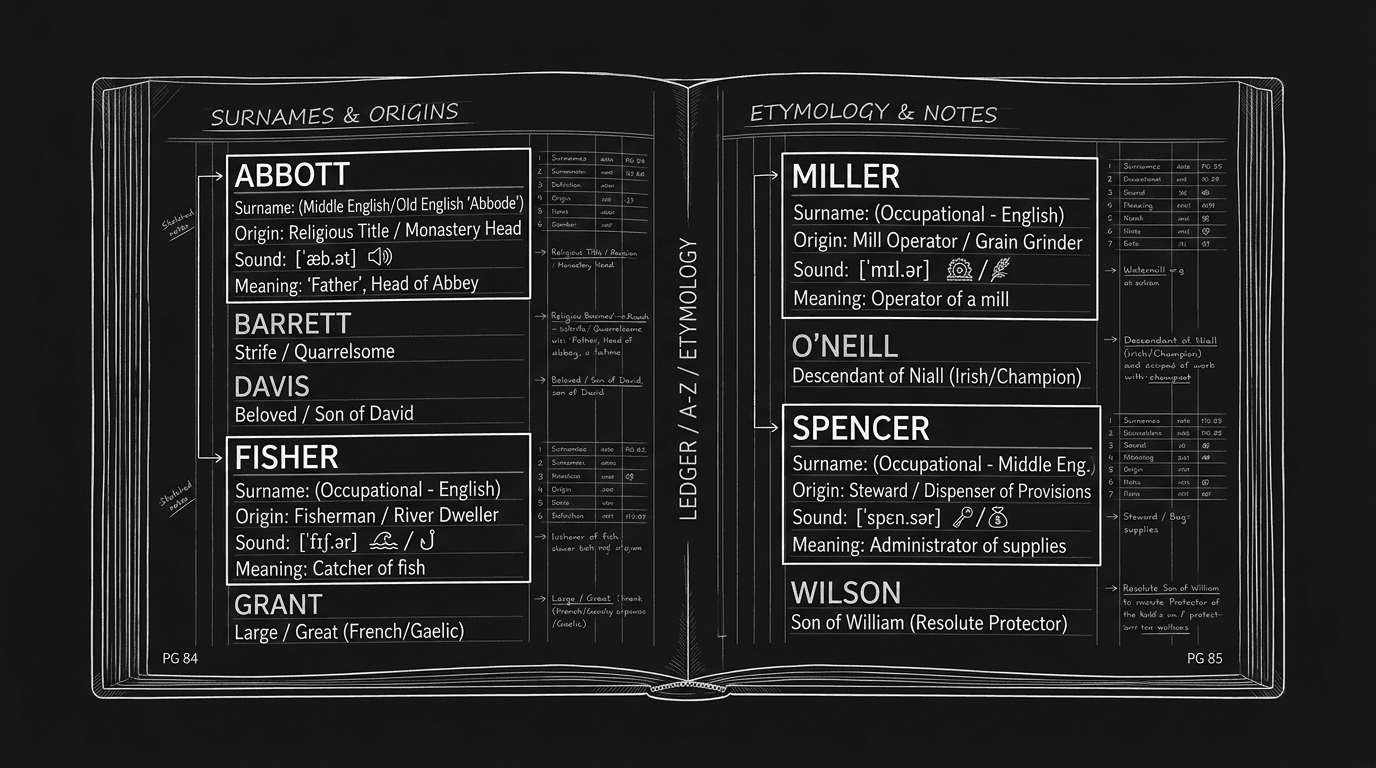 Prompt: Dark Mode Technical Sketch, open dictionary or name ledger with a few surnames highlighted and sound/meaning tags, clean thin white lines on black, no neon or 3D --ar 16:9