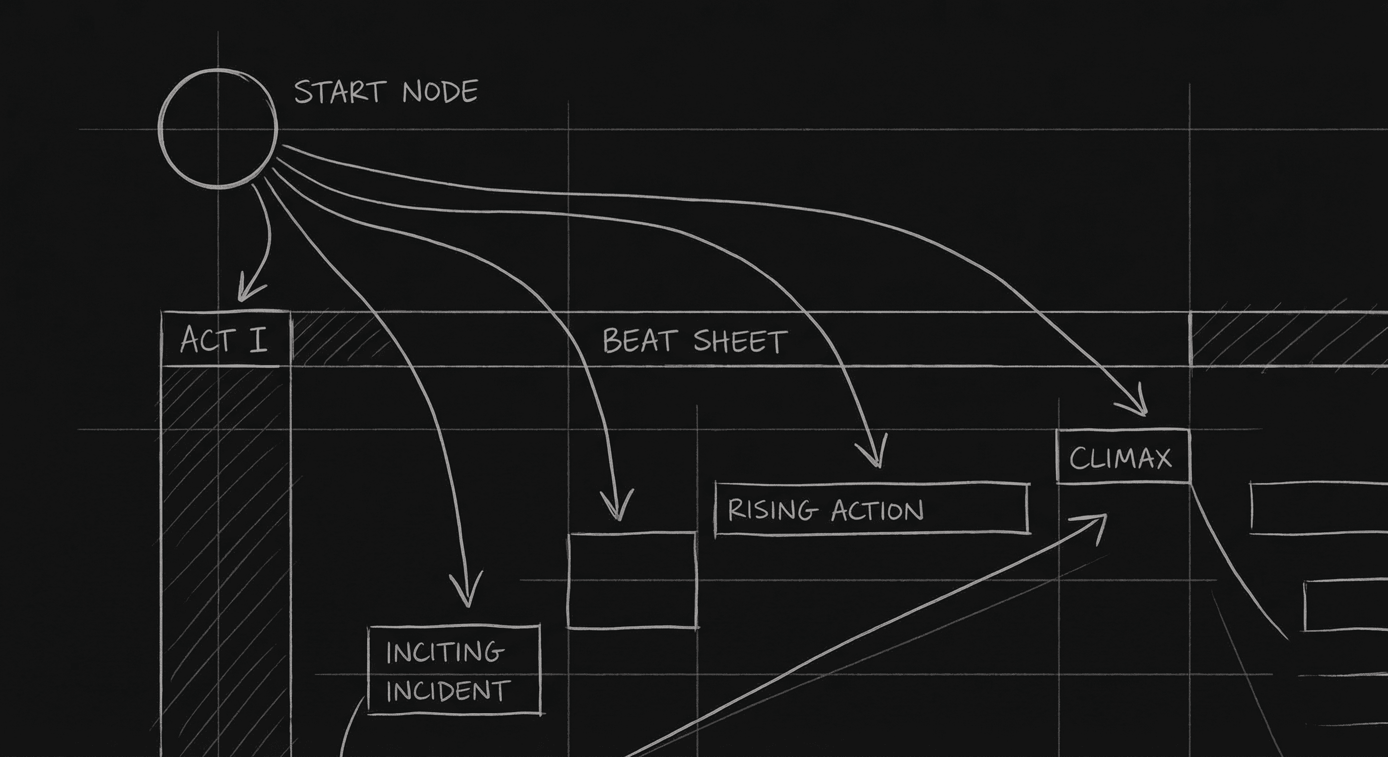 Prompt: Dark Mode Technical Sketch, blank page with a single starting node branching into a beat sheet or outline, clean thin white lines on black, hand-drawn technical feel, minimalist --ar 16:9