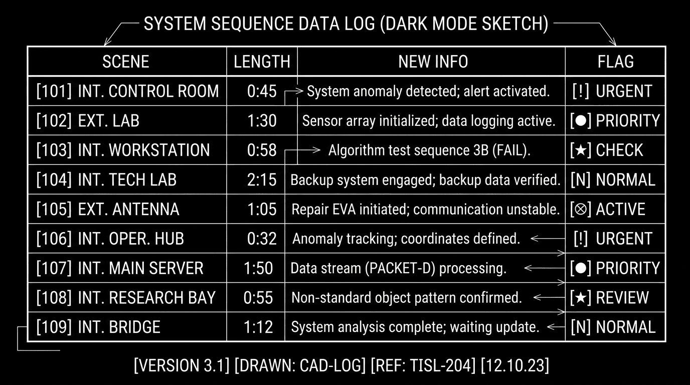 Prompt: Dark Mode Technical Sketch, table with columns Scene / Length / New info / Flag, clean white lines on black, no 3D --ar 16:9