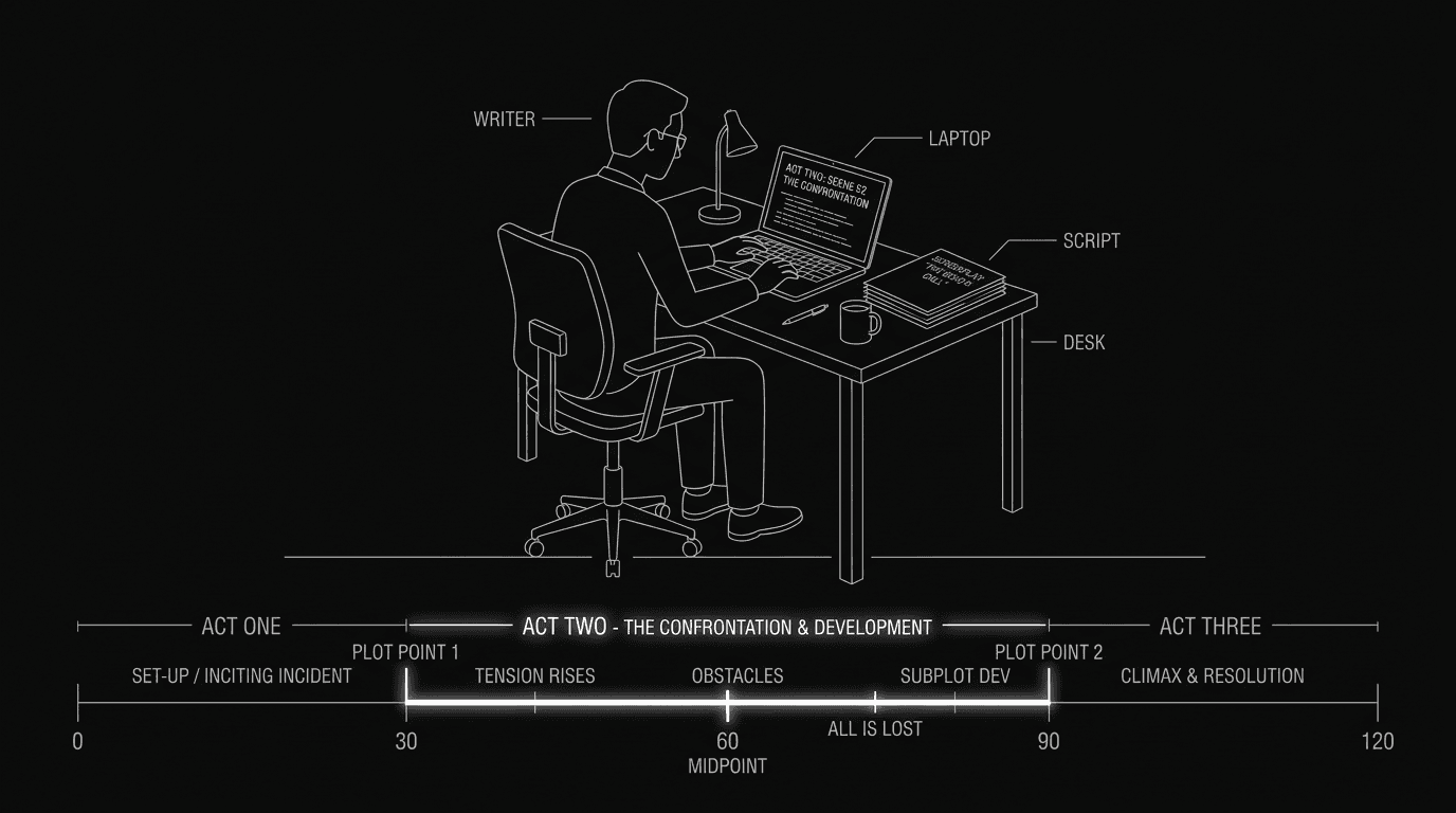 Prompt: Dark Mode Technical Sketch, writer at desk with script and a second-act section highlighted on a timeline, thin white lines on black, minimalist --ar 16:9