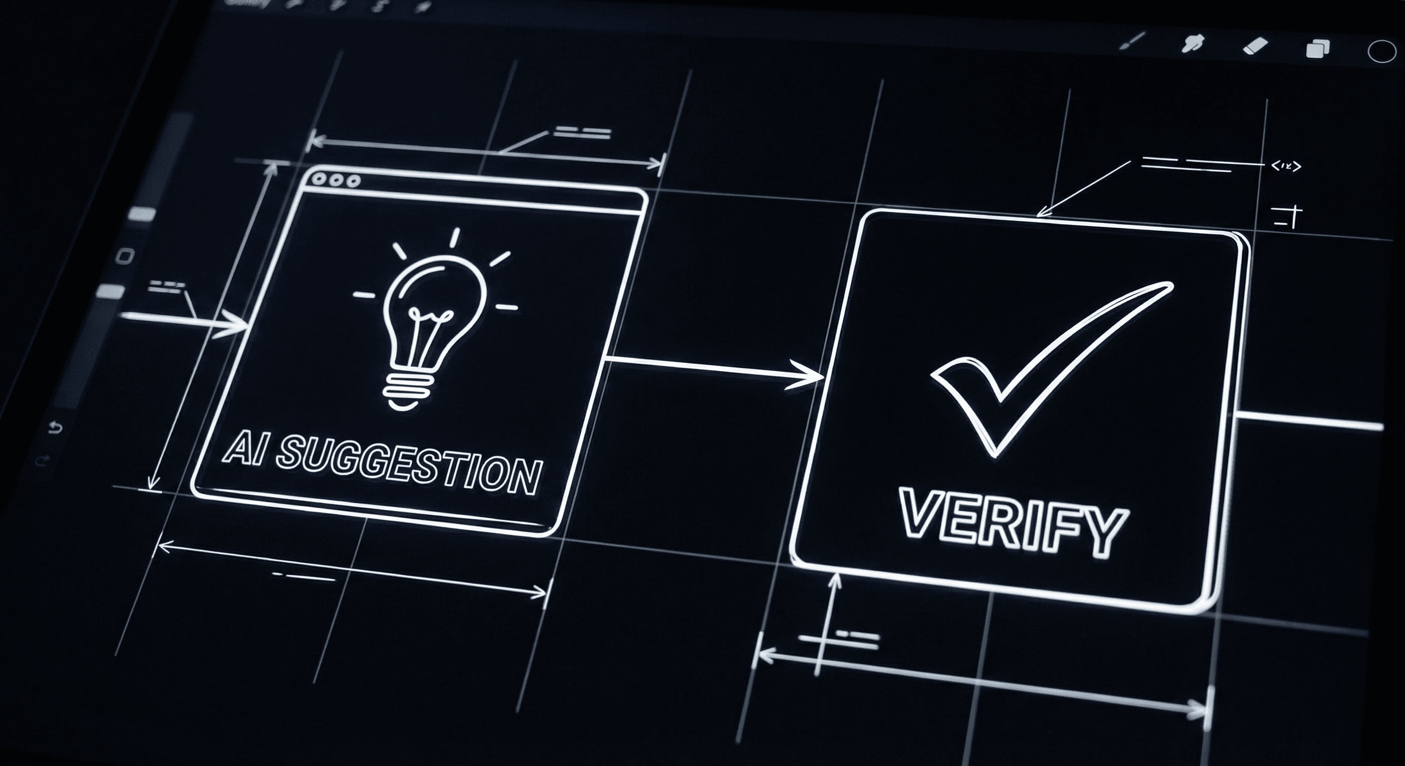 Prompt: Dark Mode Technical Sketch, "AI suggestion" and "Verify" with a checkmark; clean white lines on black --ar 16:9