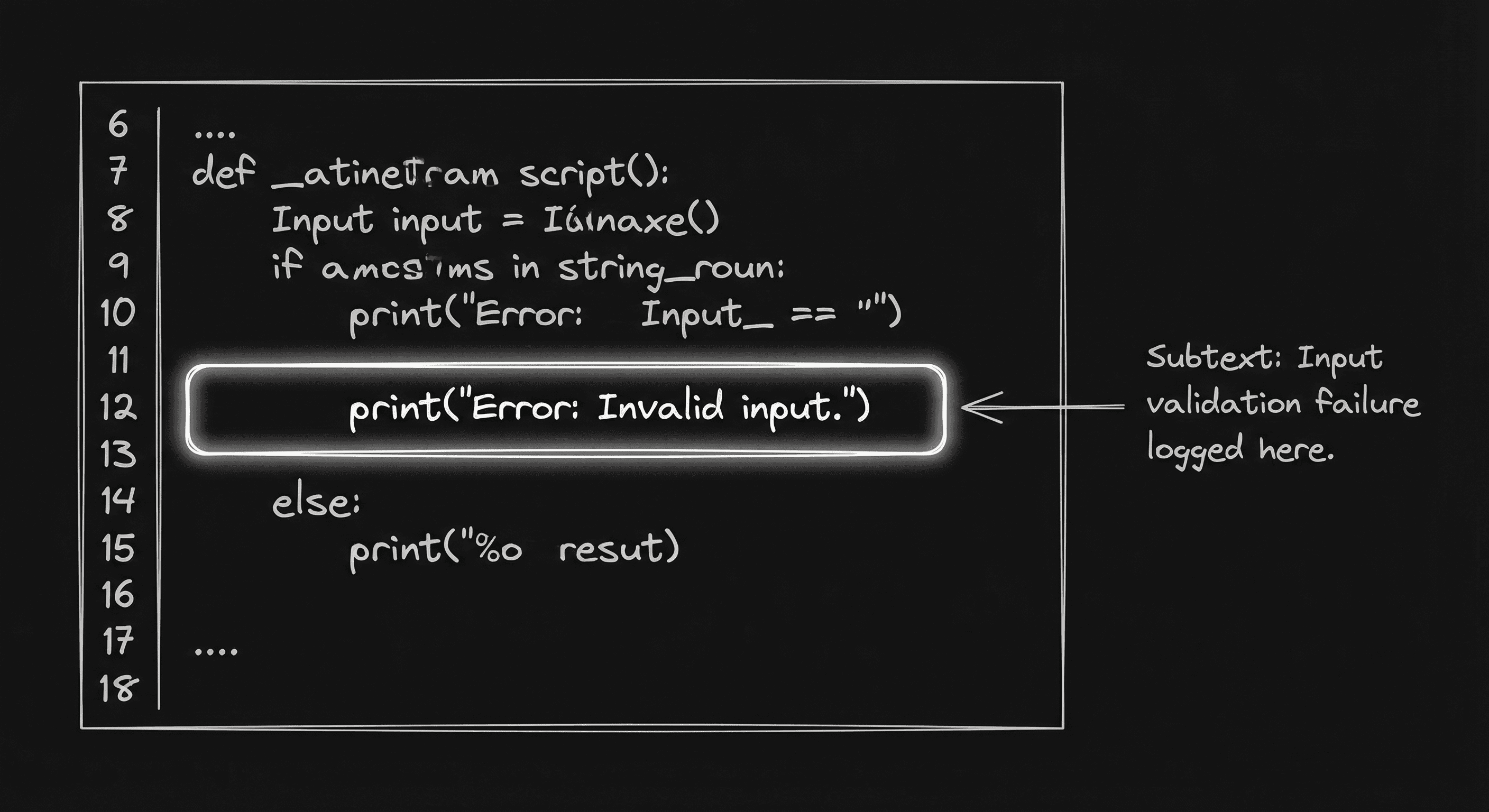 Prompt: Dark Mode Technical Sketch, script excerpt with one line highlighted and "subtext" noted in margin; clean thin white lines on black --ar 16:9