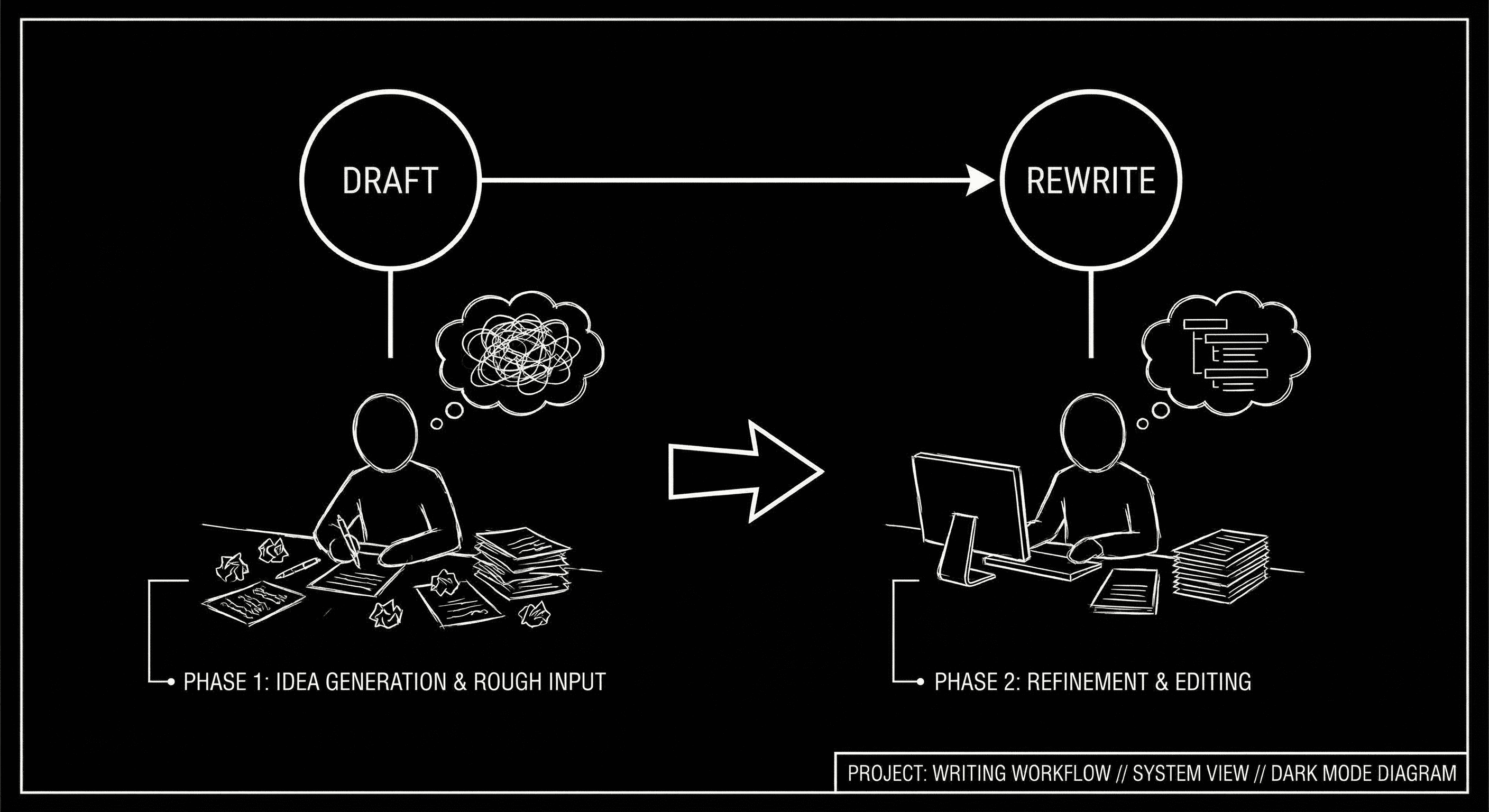 Prompt: Dark Mode Technical Sketch, writer at desk with "Draft" and "Rewrite" as two distinct phases on a simple timeline, clean thin white lines on black --ar 16:9