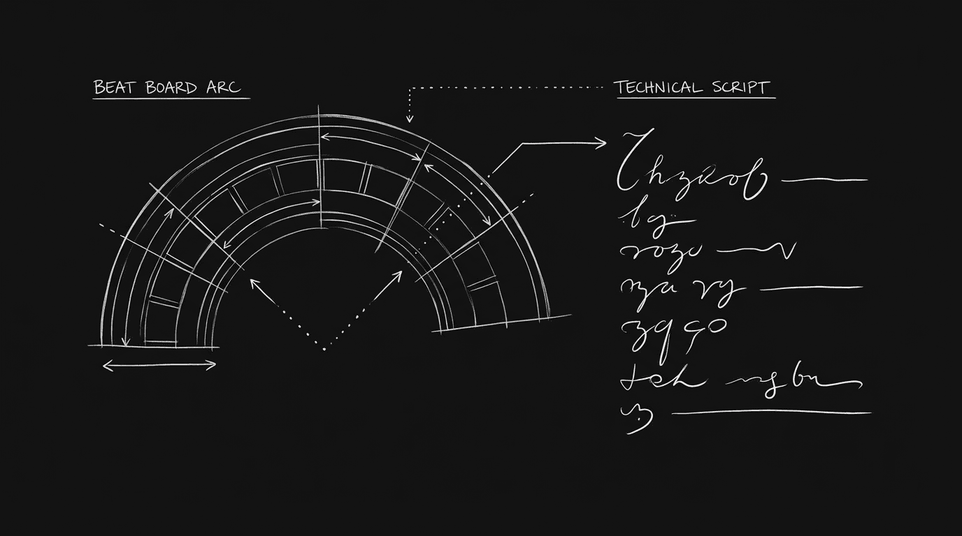 Arc-style beat board and script; dark mode technical sketch