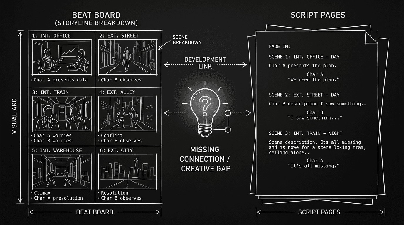 Dark mode technical sketch: beat board and script side by side with a gap; question mark or "assist" symbol in the gap; thin white lines on black
