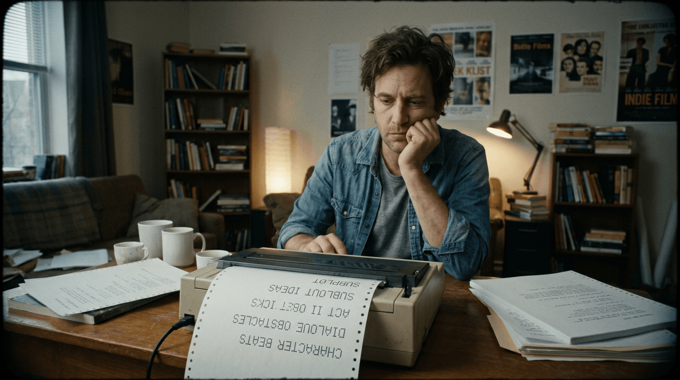 Cinematic workflow still, first angle, 35mm film grain