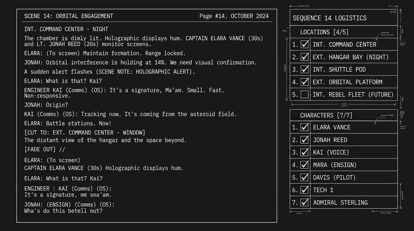 Dark mode technical sketch: script and a panel listing locations and characters; thin white lines on black