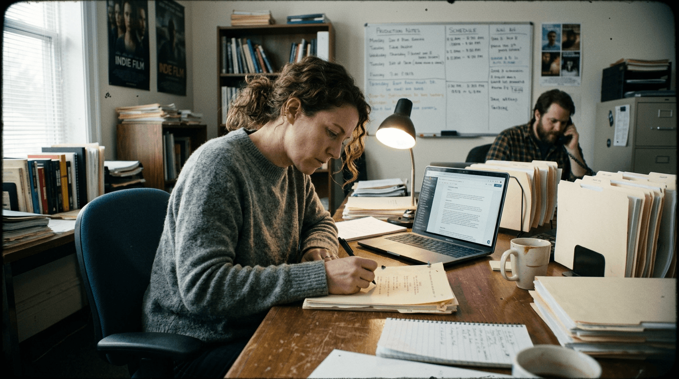 Cinematic workflow still, first angle, 35mm film grain