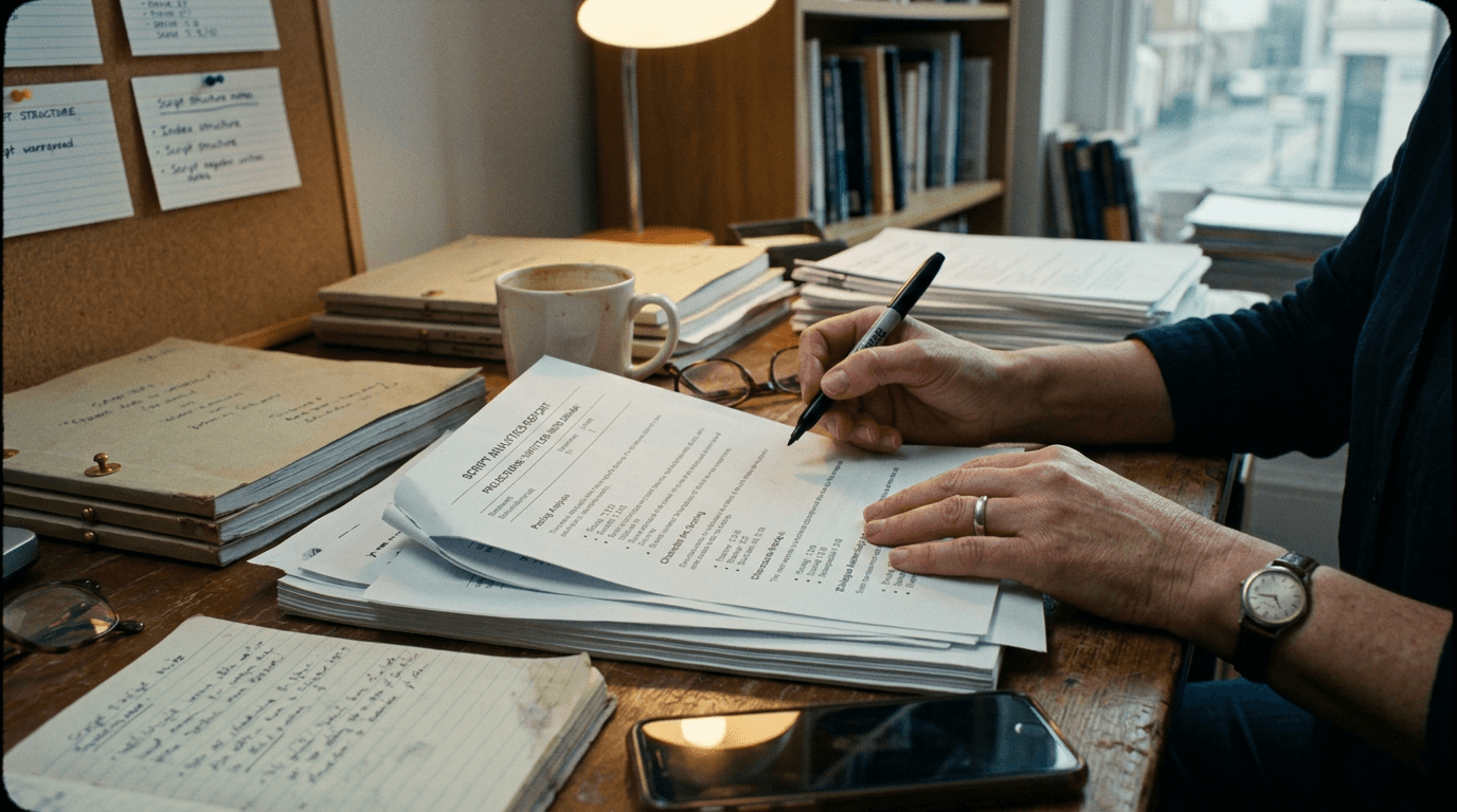 Cinematic workflow still, second angle, 35mm film grain