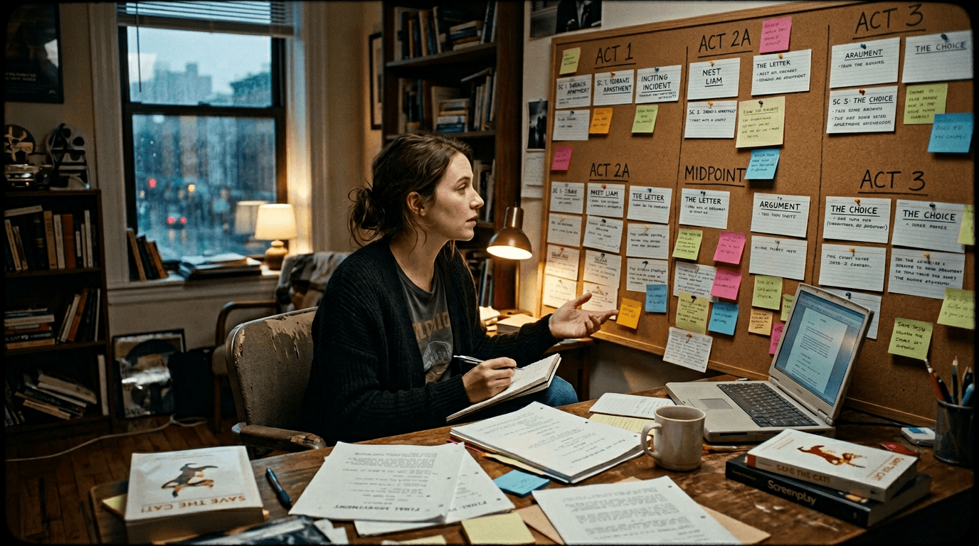 Cinematic workflow still, first angle, 35mm film grain