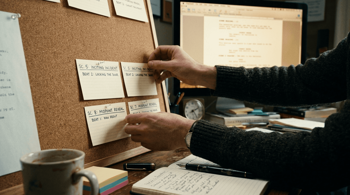 Cinematic workflow still, second angle, 35mm film grain