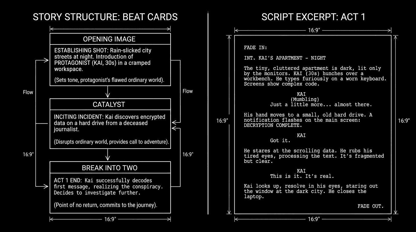 Dark mode technical sketch: beat cards beside script page; thin white lines on black