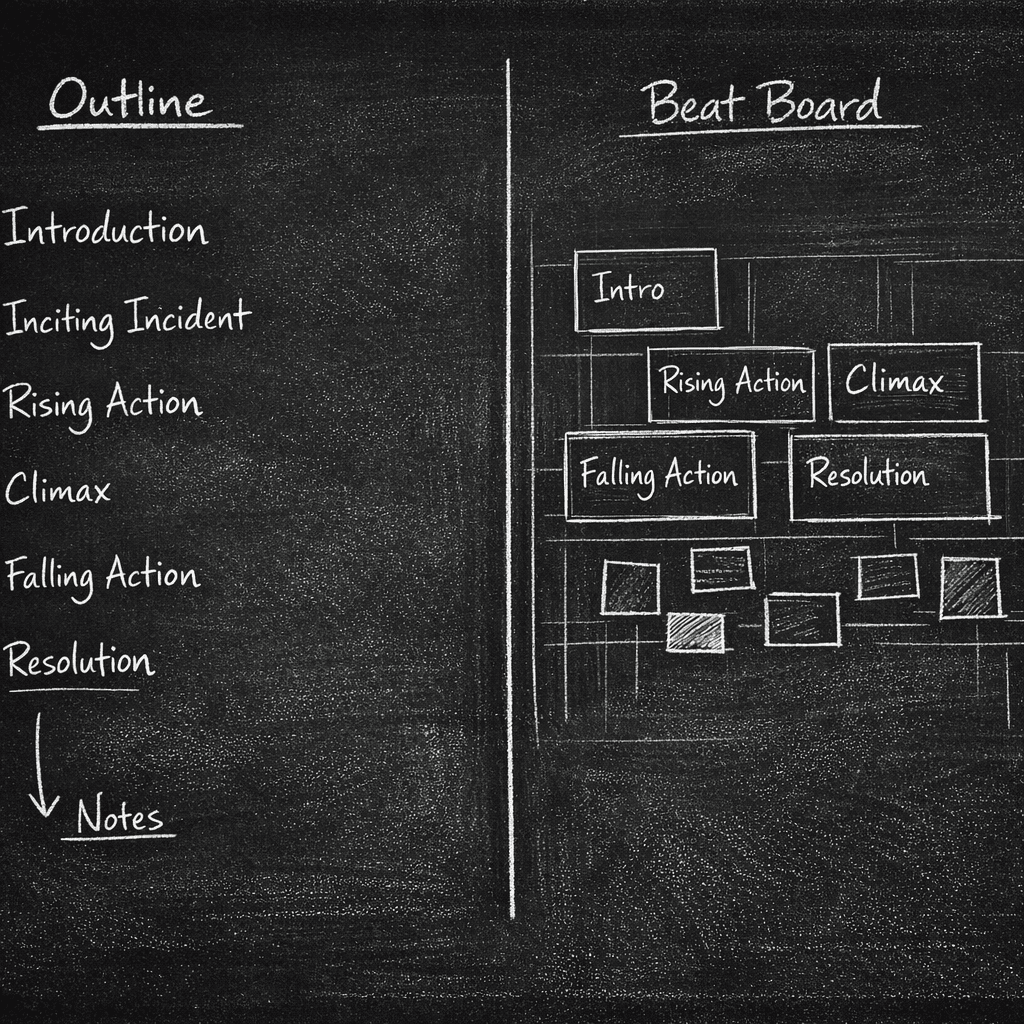 Beat board layout: acts, threads, balance; dark mode technical sketch