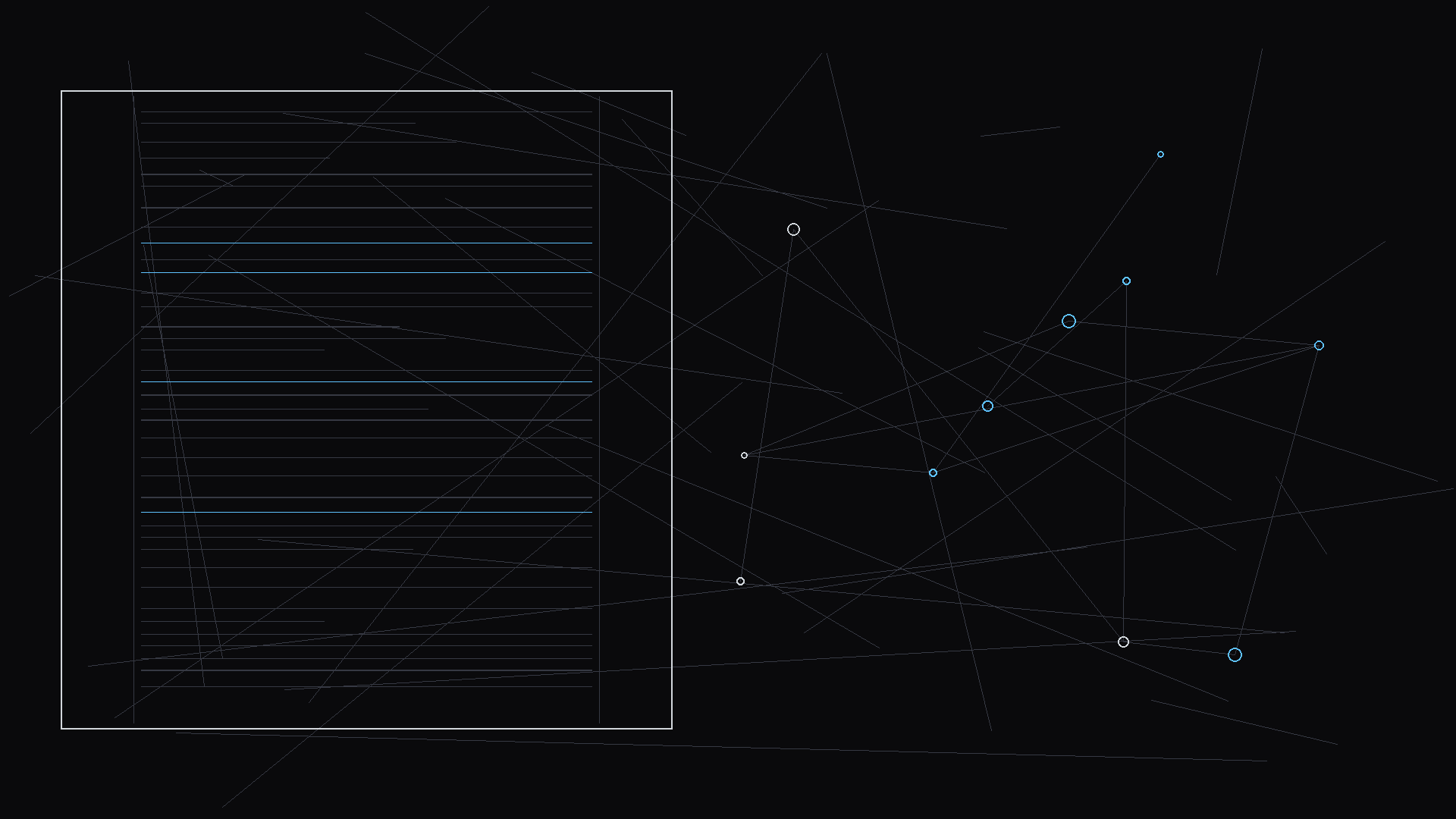 A split comparison showing before and after scenes of the same location; dark mode technical sketch, thin white lines on black background