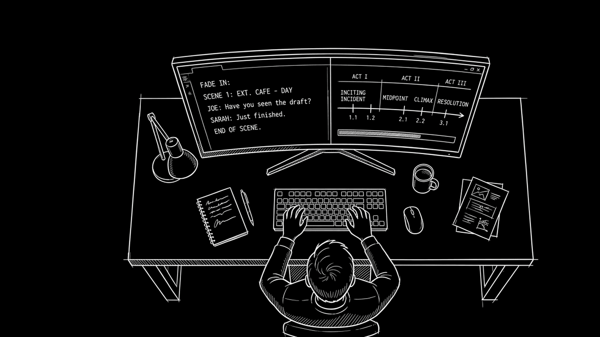 Dark mode technical sketch: six-episode arc diagram with themed spine thread