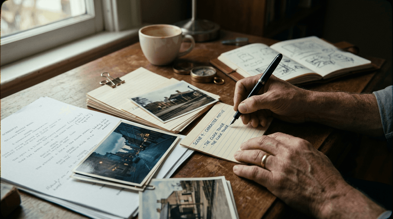 Cinematic workflow still, second angle, 35mm film grain