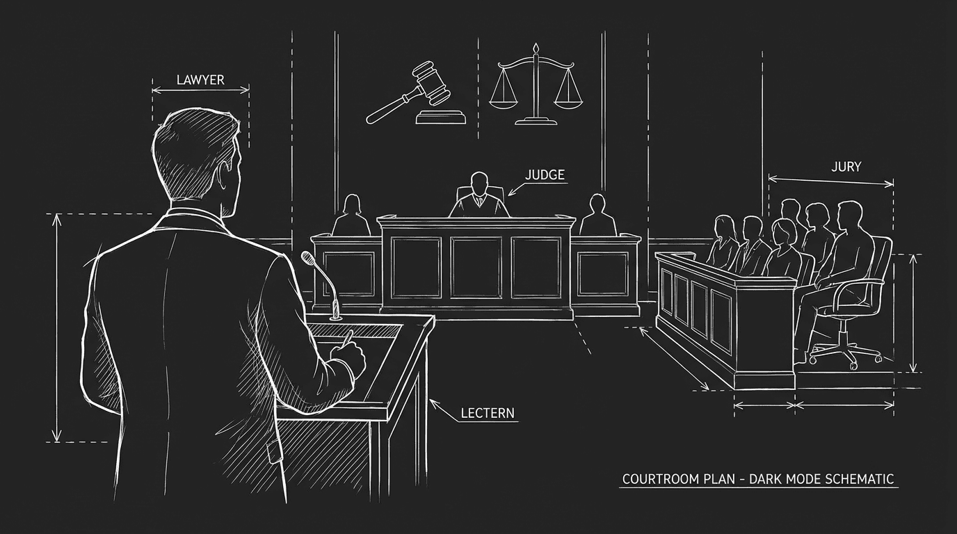 Dark mode technical sketch: lawyer at lectern facing judge and jury, gavel and scales, thin white lines on black