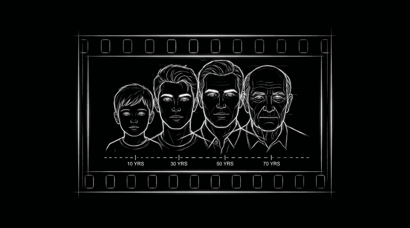 Thin white-line portraits of the same person at different ages compressed into a single film frame on black