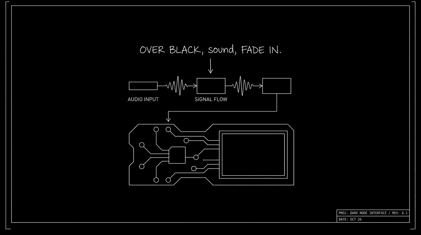 Script: OVER BLACK / sound / FADE IN; dark mode technical sketch