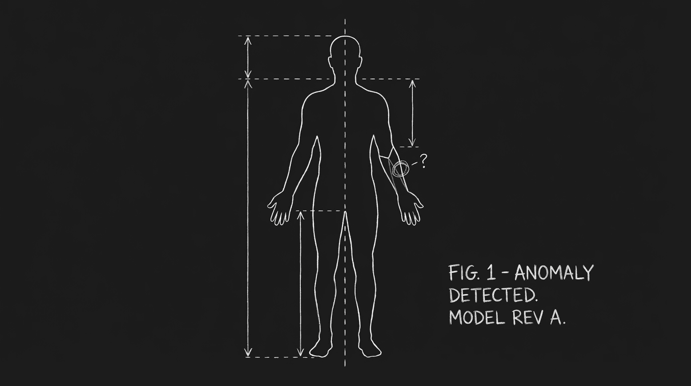 Body horror: human form with one wrong detail; dark mode technical sketch