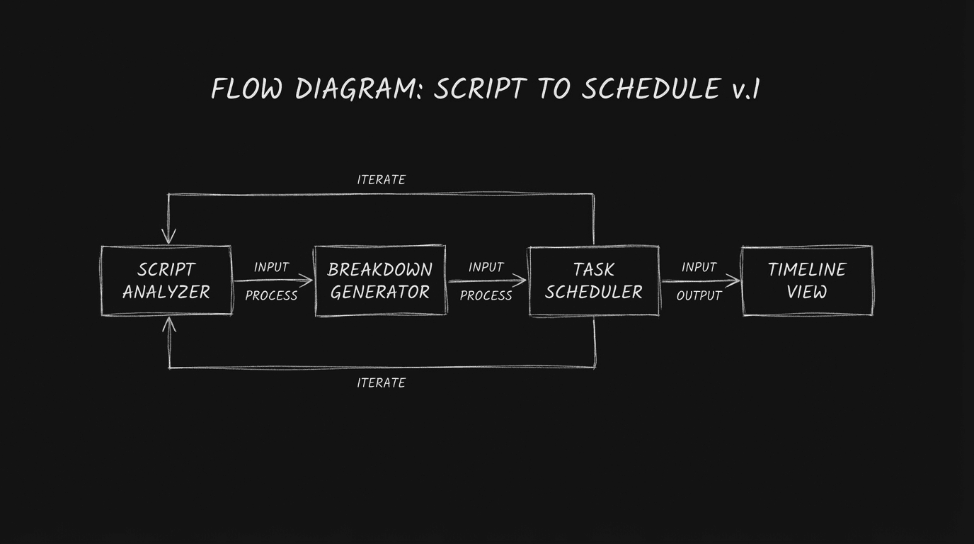 Script to breakdown to schedule flow; dark mode technical sketch