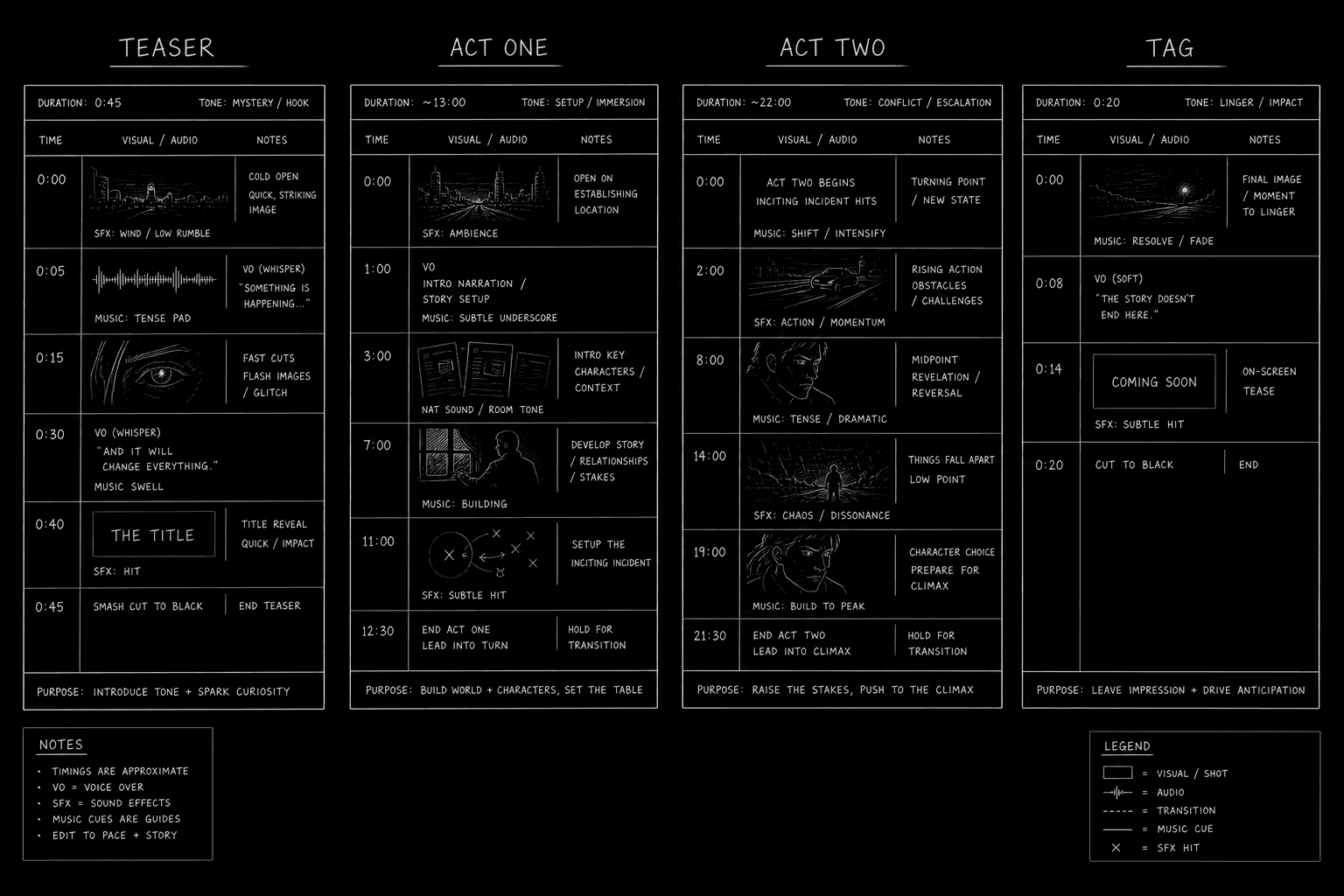Dark mode technical sketch: script page with TEASER, ACT blocks, and TAG labeled on solid black