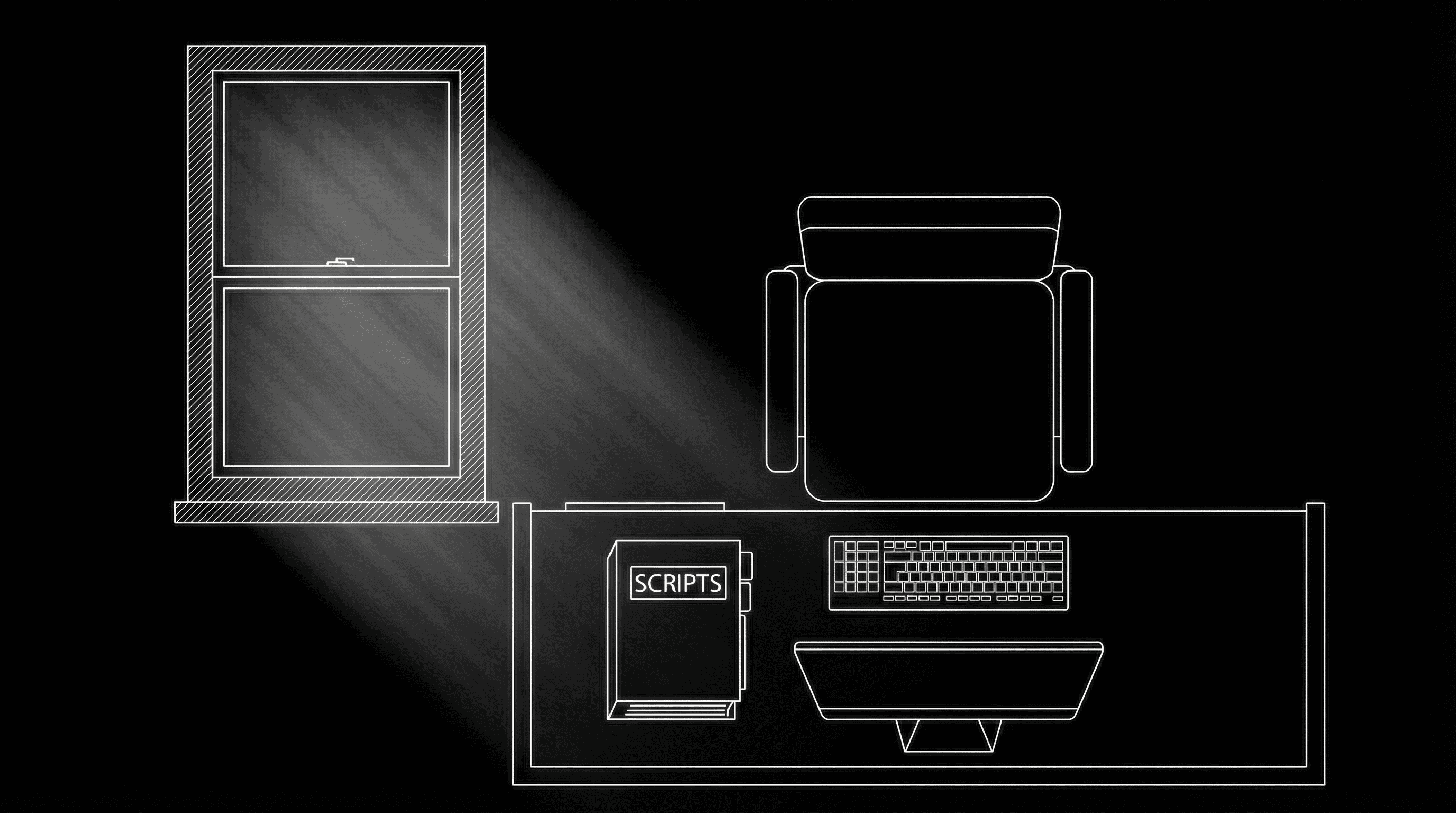 Empty chair and desk, window with light