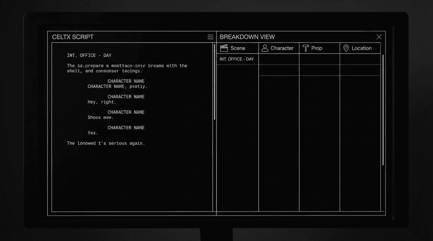 Celtx script and breakdown view; dark mode technical sketch