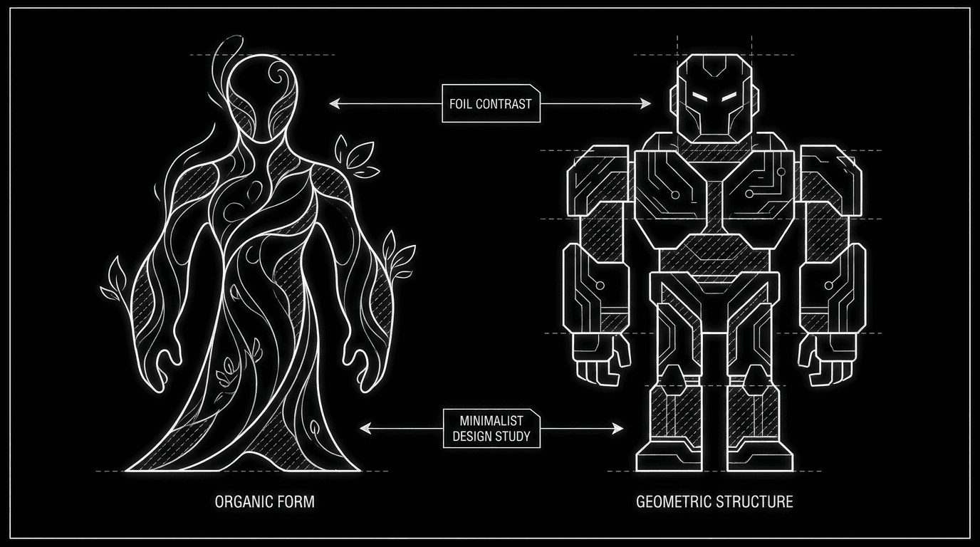 Ensemble: one figure highlighted by contrast with others; dark mode technical sketch