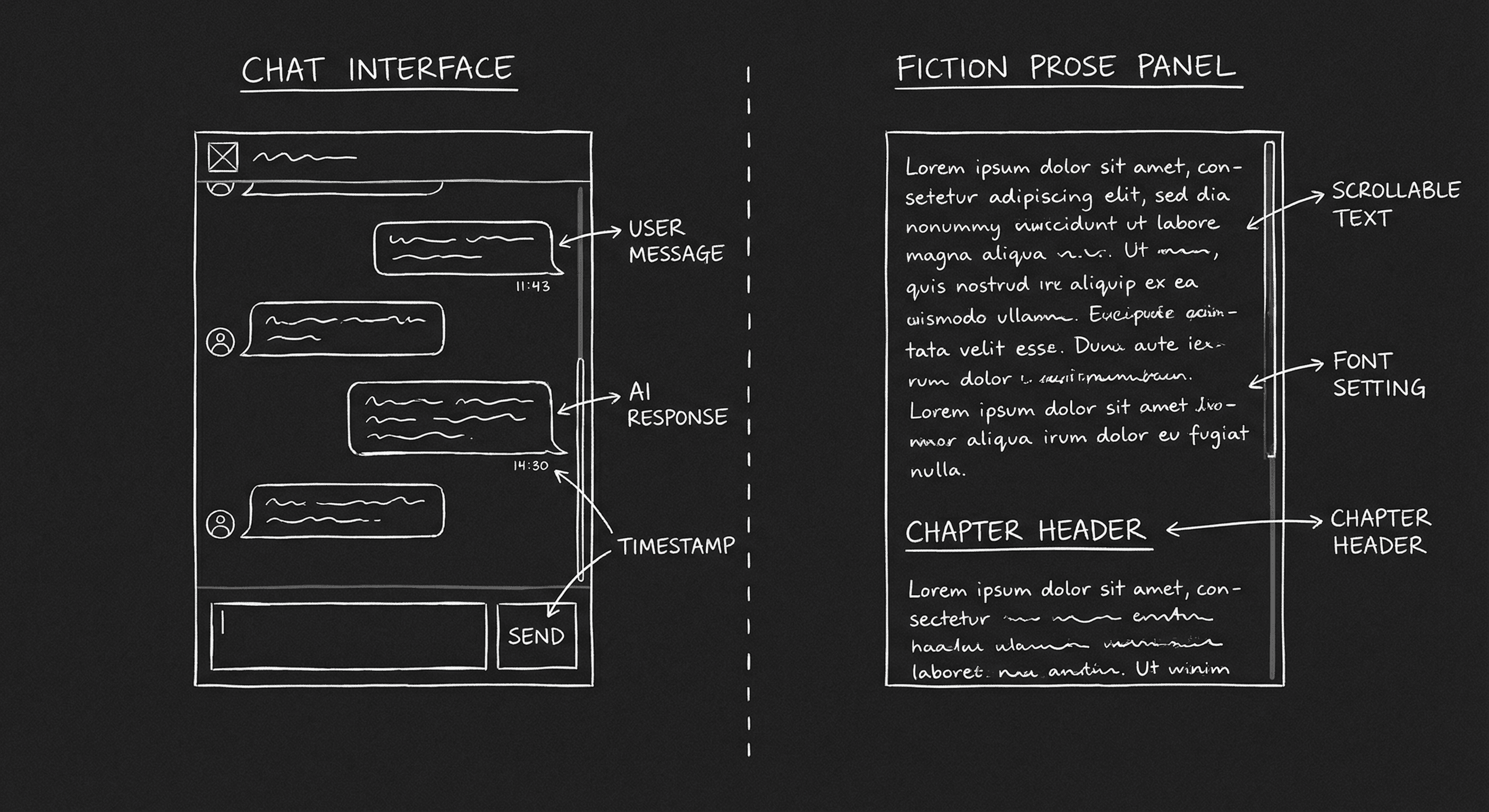 Split view: chat interface vs prose panel; dark mode technical sketch