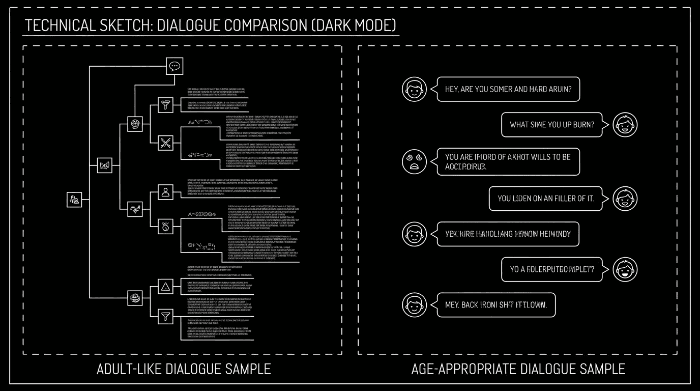 Two dialogue samples: adult-like vs. age-appropriate; dark mode technical sketch