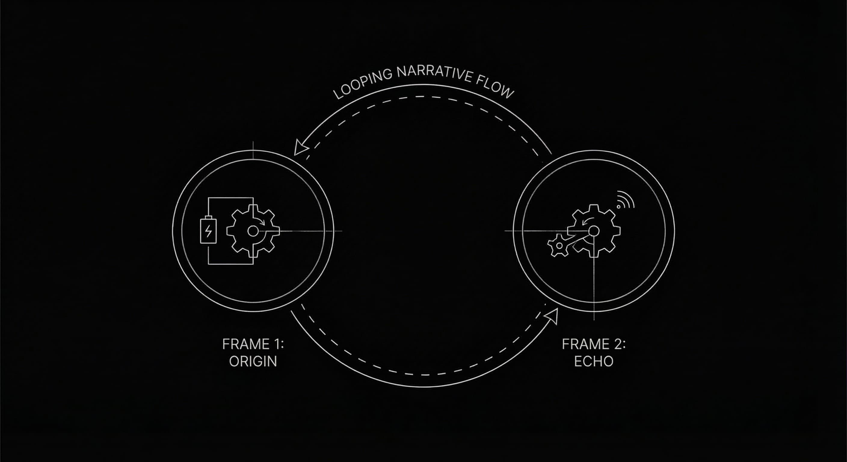 Circular narrative: last image echoes first; dark mode technical sketch