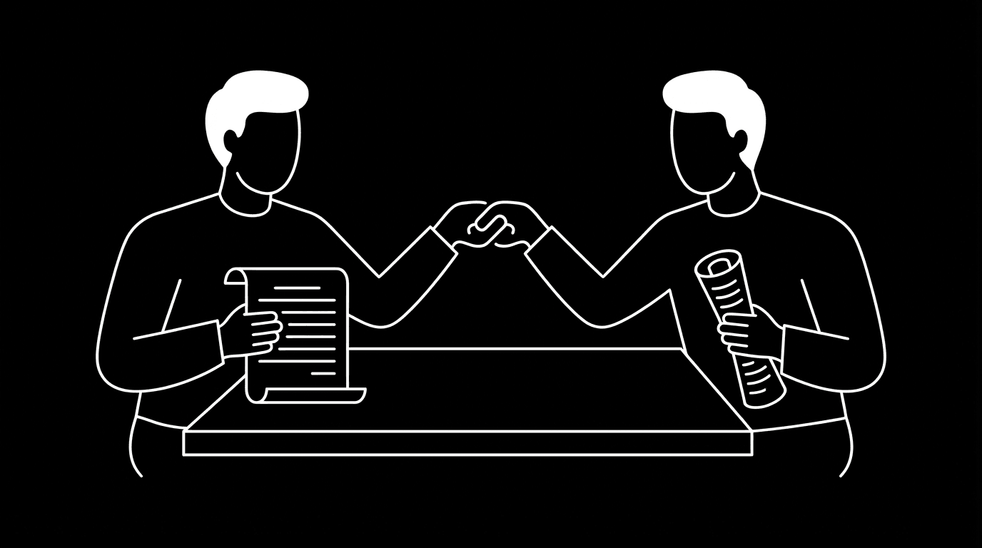 Two writers at one desk, contract between them; dark mode technical sketch, black background, thin white lines