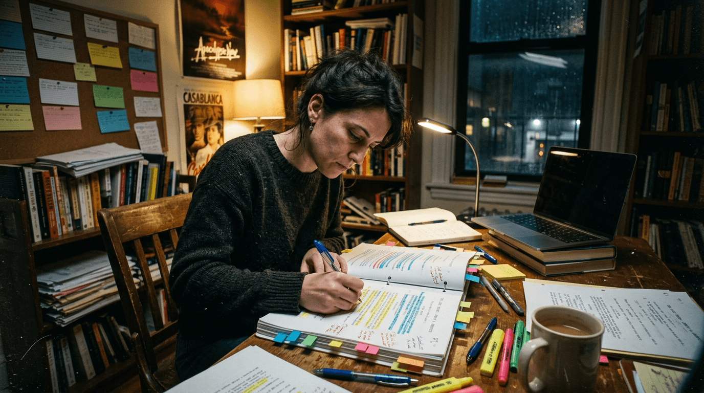 Cinematic workflow still, first angle, 35mm film grain