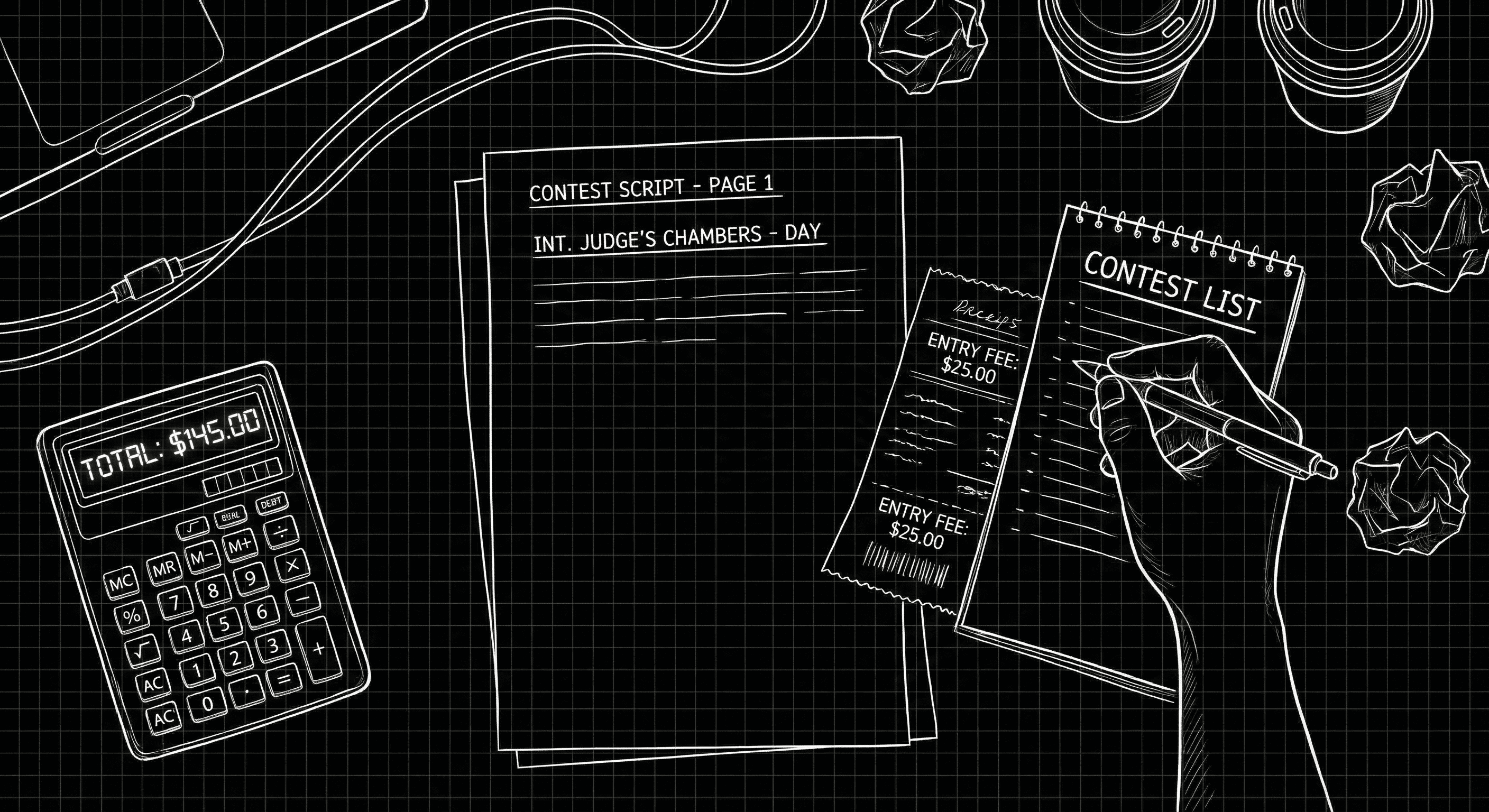 Desk with contest receipts and script