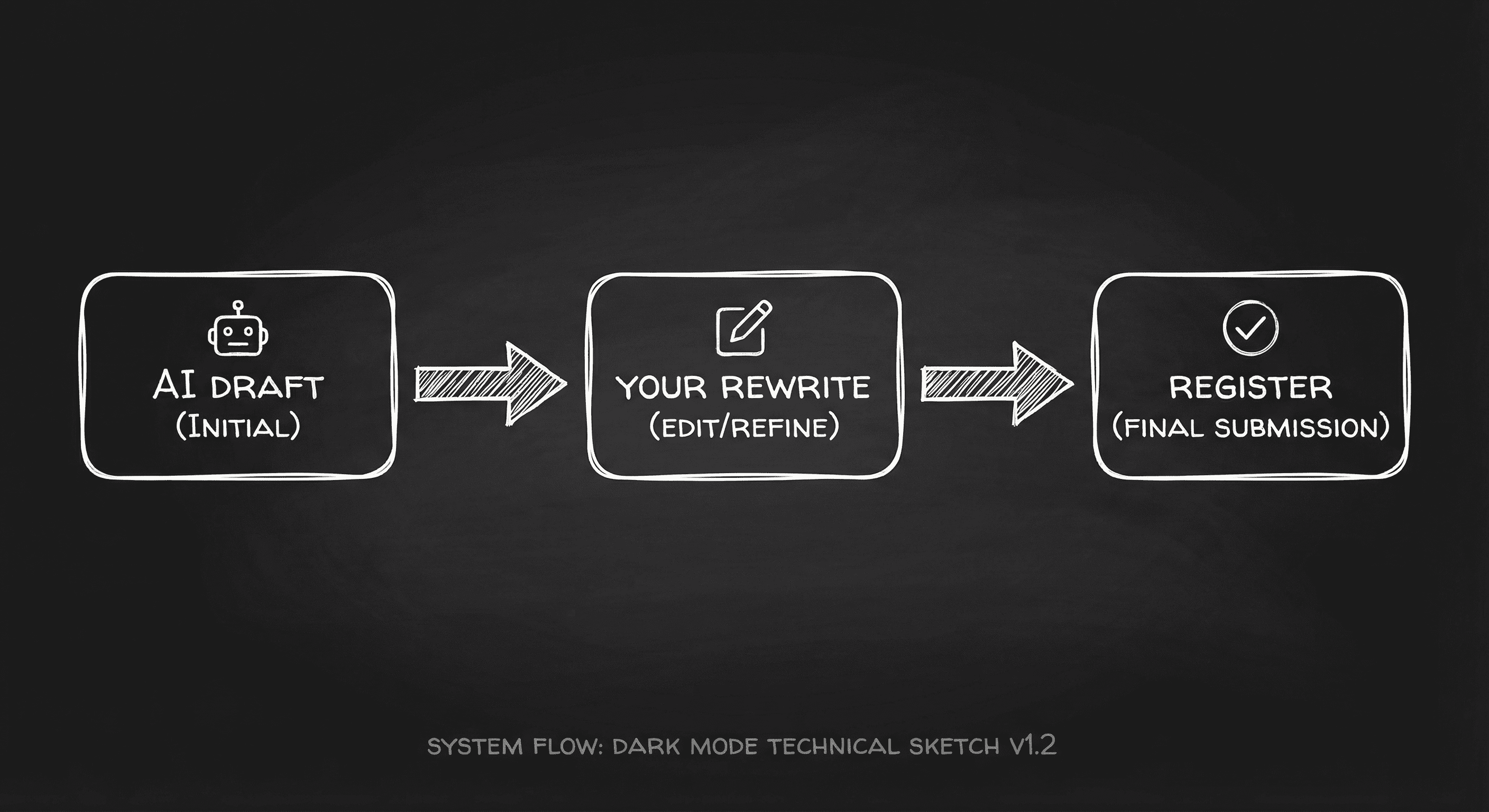 Prompt: Dark Mode Technical Sketch, flowchart: AI draft → Your rewrite → Register; clean white lines on black --ar 16:9