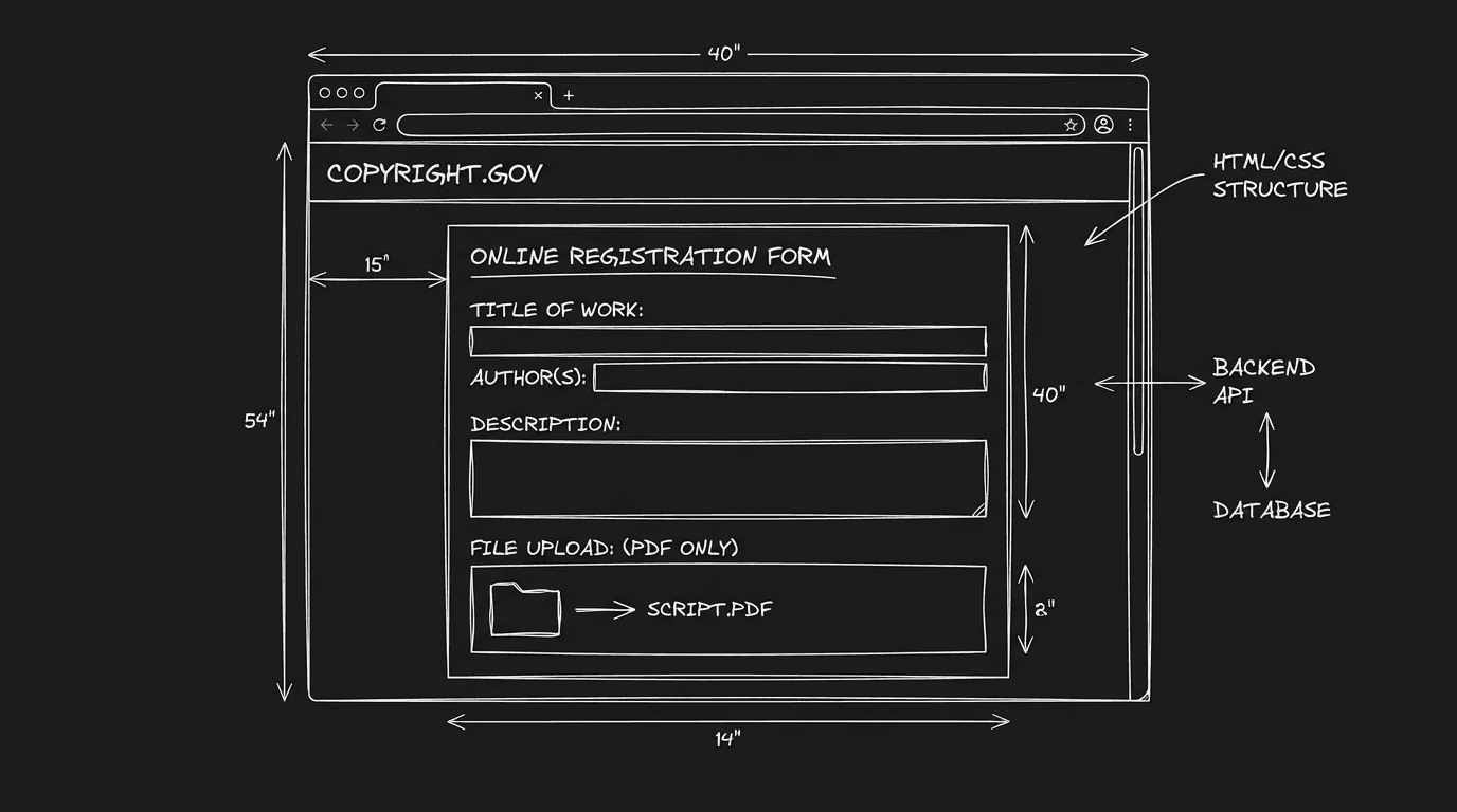 Copyright Office website and application form; dark mode technical sketch