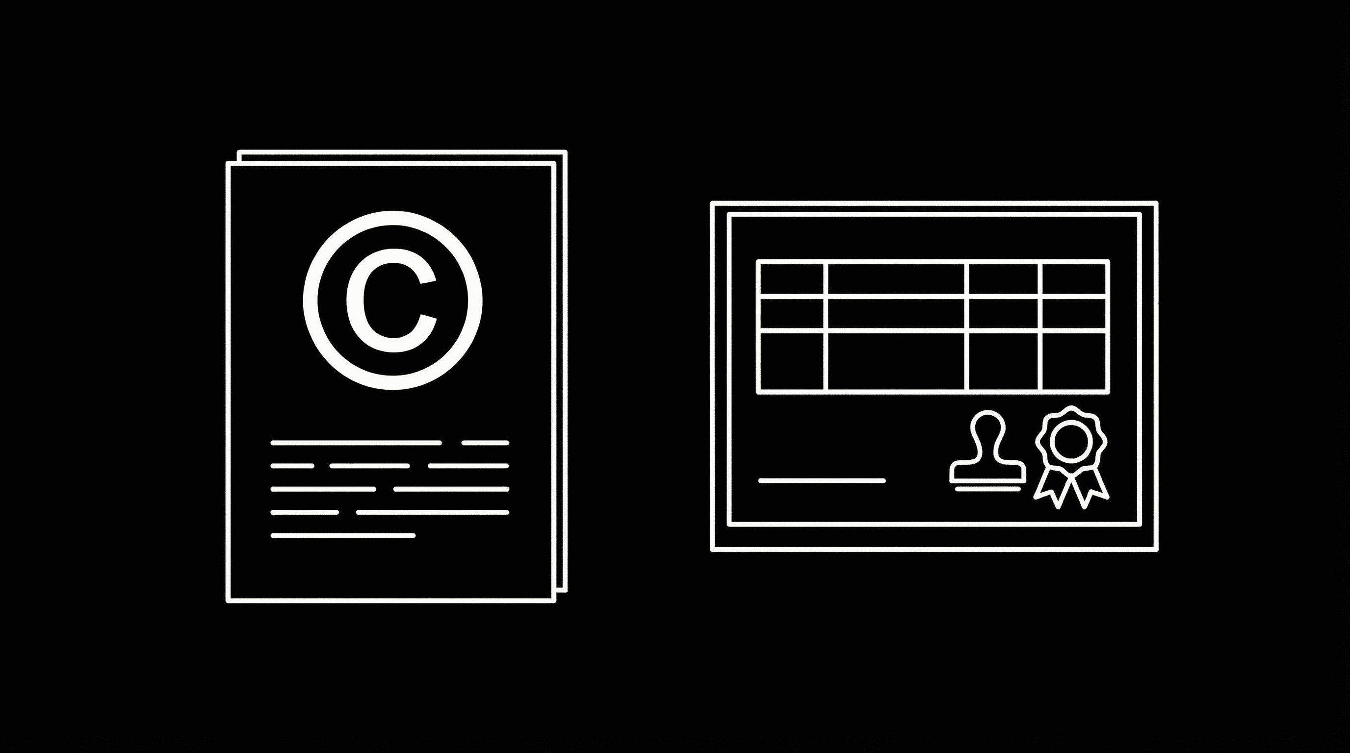 Script, copyright symbol, registration; dark mode technical sketch