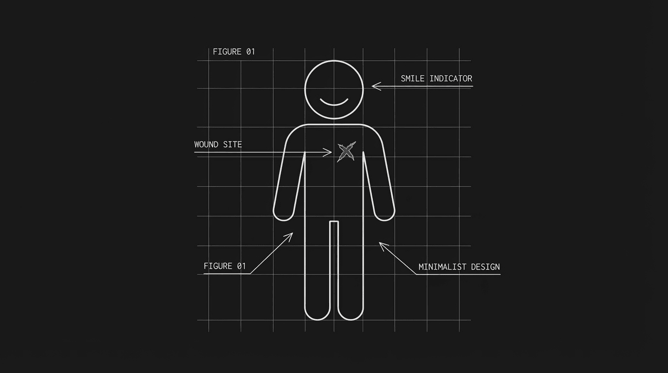 Figure with wound and smile; dark mode technical sketch