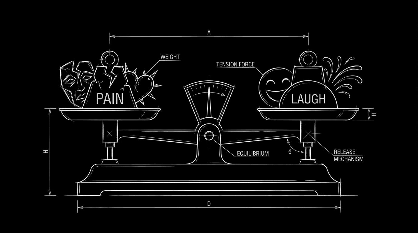 Two elements in balance: pain and laugh; dark mode technical sketch