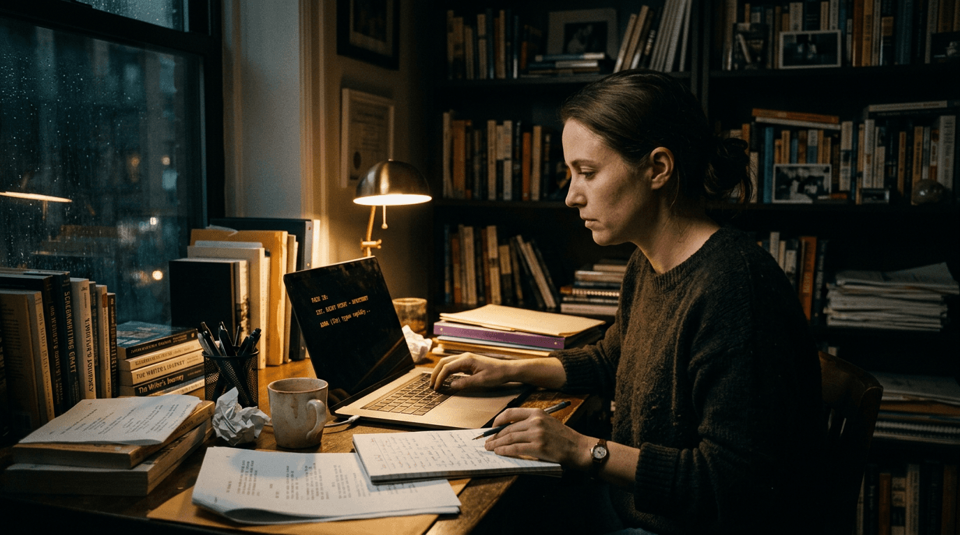 Cinematic workflow still, first angle, 35mm film grain