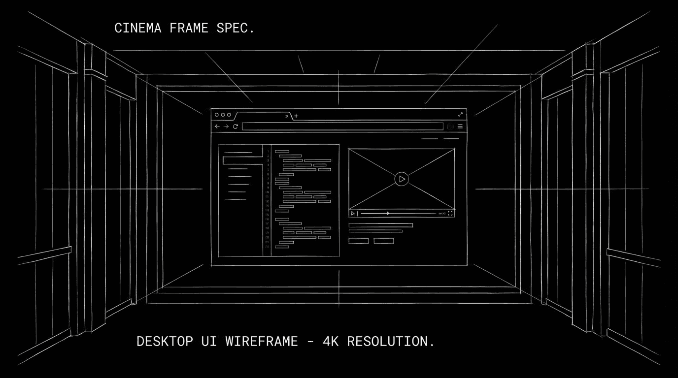 Desktop with browser and chat windows; dark mode technical sketch