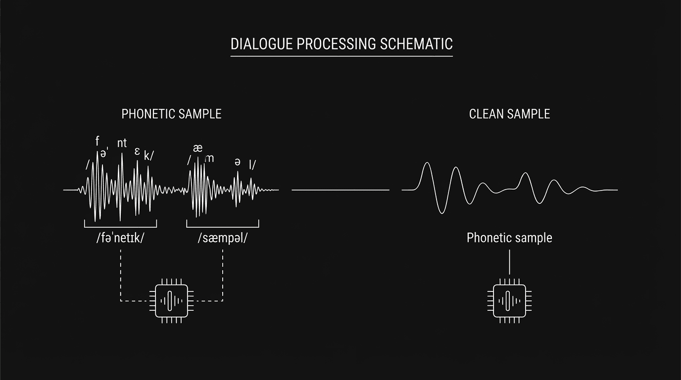 Two dialogue samples: dense phonetic vs clean with two markers; dark mode technical sketch